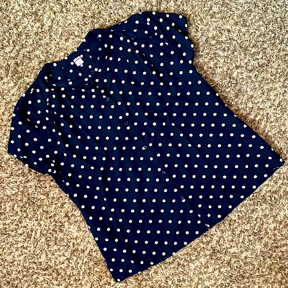 Old Navy polka dot blouse button down navy white